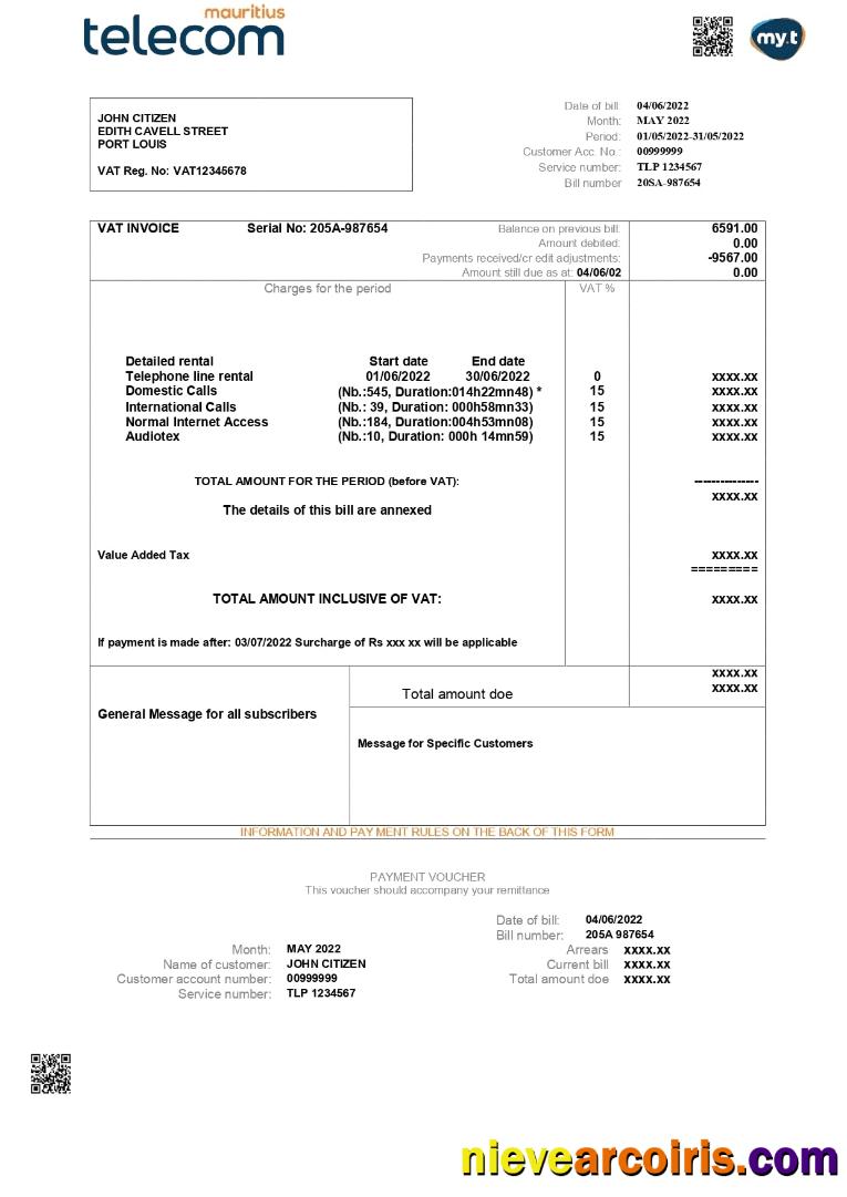 Mauritius Telecom Mauritius utility bill
